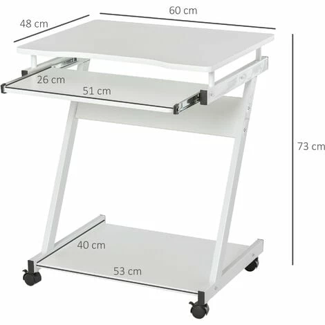 HOMCOM Movable Computer Desk with 4 Moving Wheels Sliding Keyboard Tray White