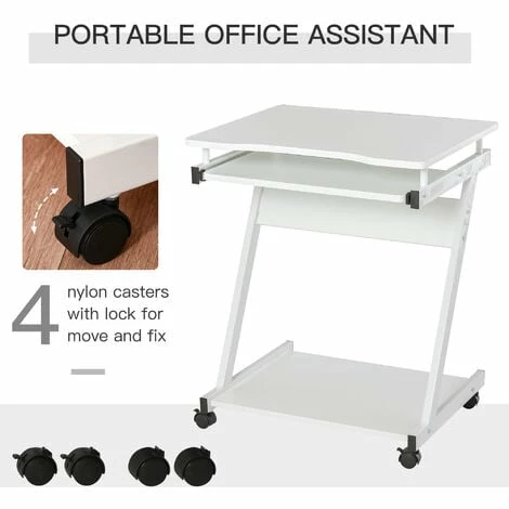 HOMCOM Movable Computer Desk with 4 Moving Wheels Sliding Keyboard Tray White