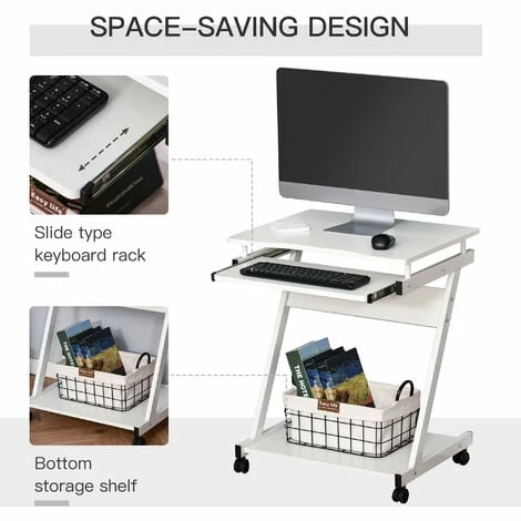 HOMCOM Movable Computer Desk with 4 Moving Wheels Sliding Keyboard Tray White
