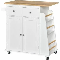 HOMCOM Kitchen Island Storage Cabinet Rolling Trolley With Wood Top, 3-Tier Spice Rack