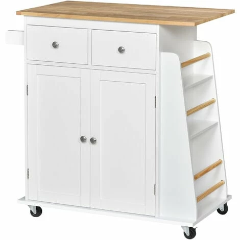 HOMCOM Kitchen Island Storage Cabinet Rolling Trolley with Wood Top, 3-Tier Spice Rack