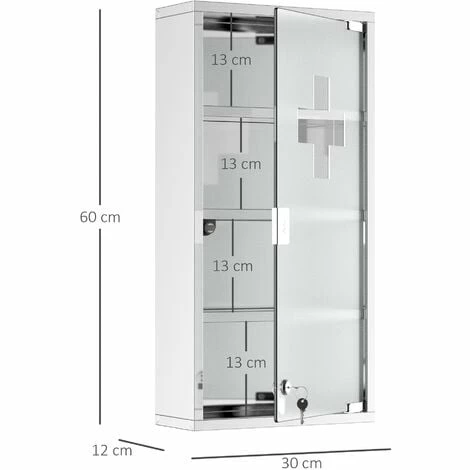 HOMCOM 4 Tier Stainless Steel Wall Mounted Medicine Cabinet Glass Lockable Door Storage Shelves Houseware Bathroom Furniture 60Hx30Wx12D(cm) w/2 Keys