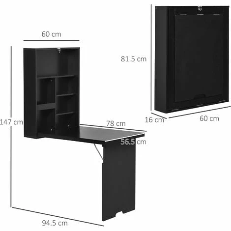 HOMCOM Multi-Functional Folding Wall-Mounted Drop-Leaf Table w/Chalkboard Shelf