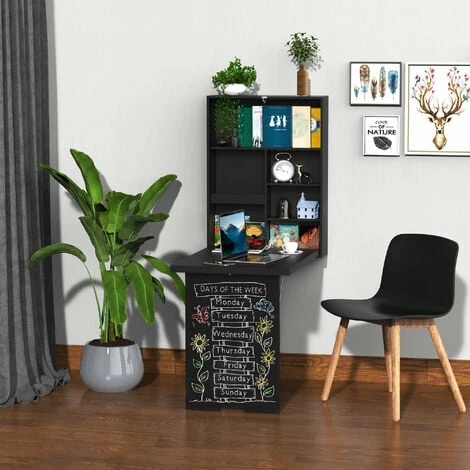 HOMCOM Multi-Functional Folding Wall-Mounted Drop-Leaf Table w/Chalkboard Shelf