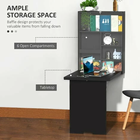 HOMCOM Multi-Functional Folding Wall-Mounted Drop-Leaf Table w/Chalkboard Shelf