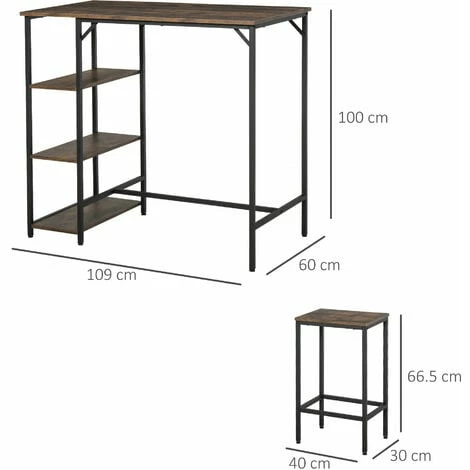 HOMCOM Industrial Bar Height Dining Table Set 3 Pieces Bar Set with Shelf