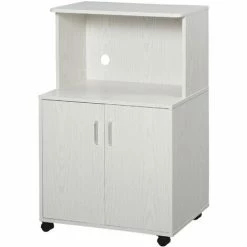 HOMCOM Kitchen Storage Unit Microwave Cart Trolley W/ Cabinet Wheels Shelf White