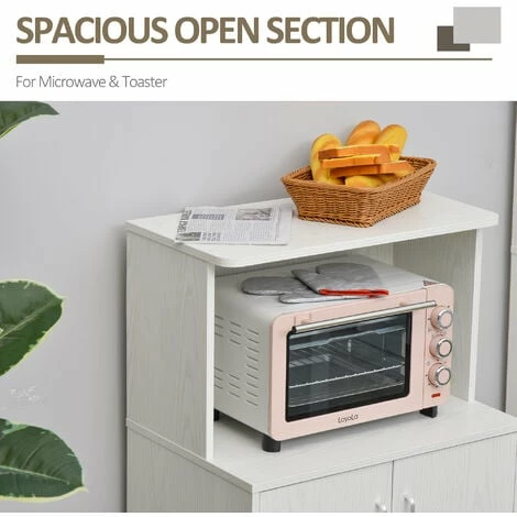 HOMCOM Kitchen Storage Unit Microwave Cart Trolley w/ Cabinet Wheels Shelf White