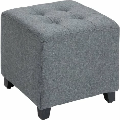 HOMCOM Linen-Look Square Ottoman Footstool Button Tufts Wood Frame Padding Grey