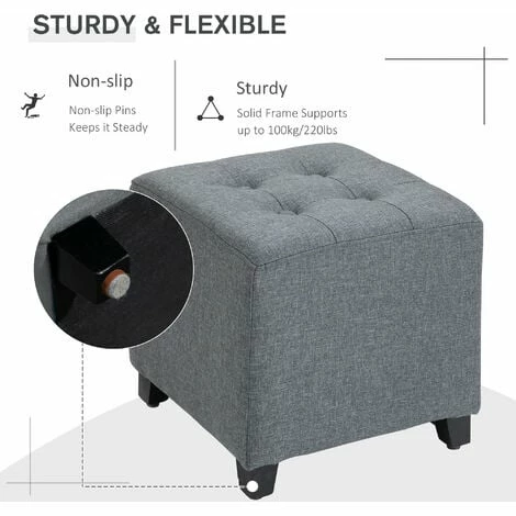 HOMCOM Linen-Look Square Ottoman Footstool Button Tufts Wood Frame Padding Grey