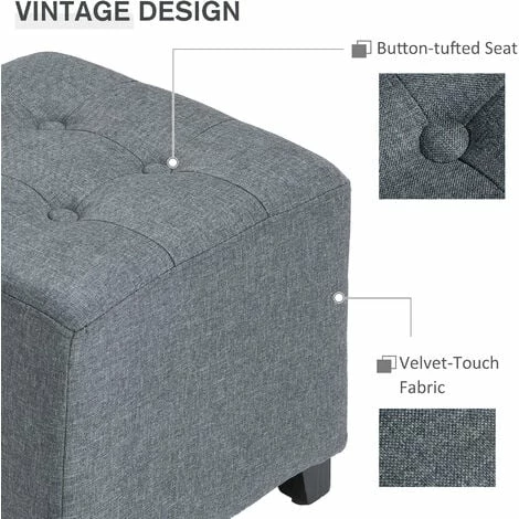 HOMCOM Linen-Look Square Ottoman Footstool Button Tufts Wood Frame Padding Grey