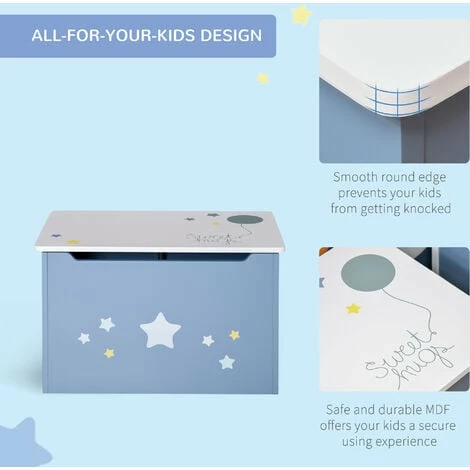 HOMCOM Kids Wooden Toy Box Children Storage Chest Organiser Side Handle Blue