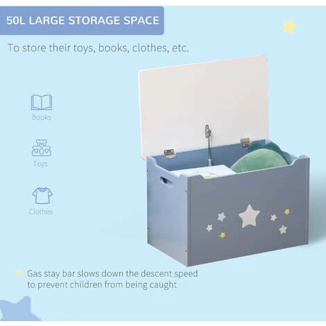 HOMCOM Kids Wooden Toy Box Children Storage Chest Organiser Side Handle Blue