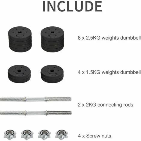 HOMCOM 30KG Adjustable Dumbbells Weight Set Hand Weight for Body Fitness
