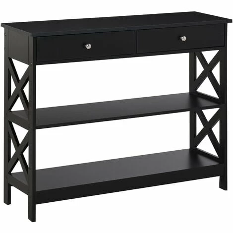 HOMCOM Console Table Side Desk Shelves Drawers Open Top X Support Hallway Black
