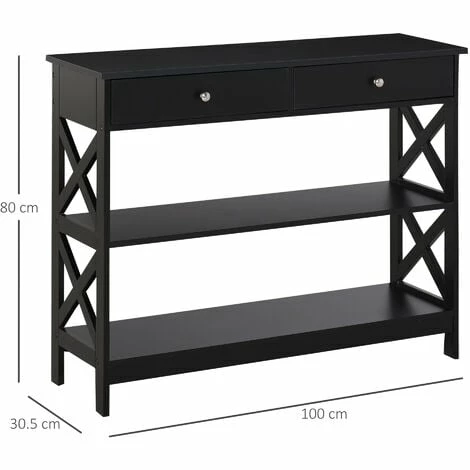 HOMCOM Console Table Side Desk Shelves Drawers Open Top X Support Hallway Black
