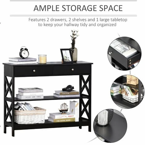 HOMCOM Console Table Side Desk Shelves Drawers Open Top X Support Hallway Black