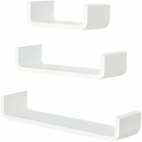 HOMCOM U Shaped Shelf Set Floating Wall Mounted White Hanging 3pc Display