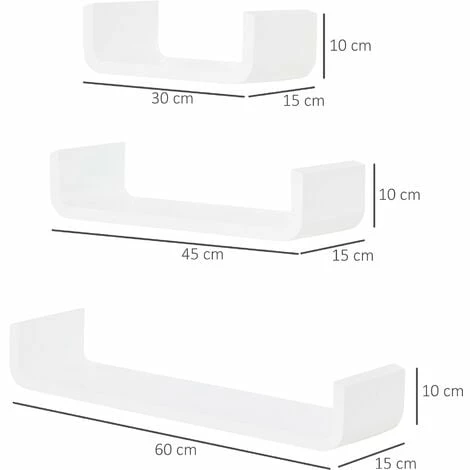 HOMCOM U Shaped Shelf Set Floating Wall Mounted White Hanging 3pc Display