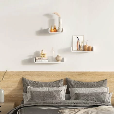 HOMCOM U Shaped Shelf Set Floating Wall Mounted White Hanging 3pc Display
