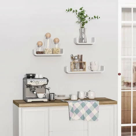 HOMCOM U Shaped Shelf Set Floating Wall Mounted White Hanging 3pc Display