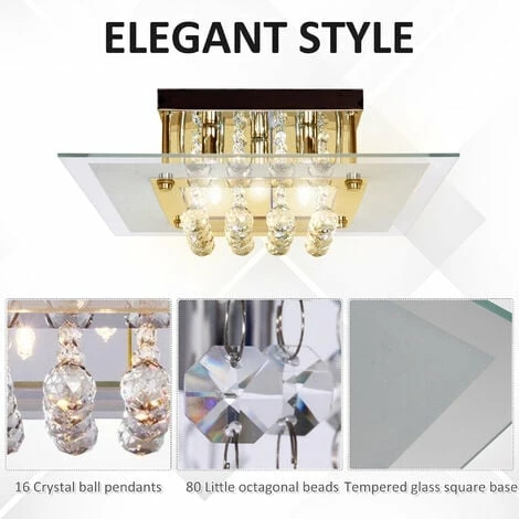 HOMCOM Modern 5-Light Crystal Chandelier Ceiling Light Square Pendant Lamp