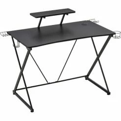 HOMCOM Ergonomic Gaming Computer Desk With Monitor Shelf Cup Holder Black