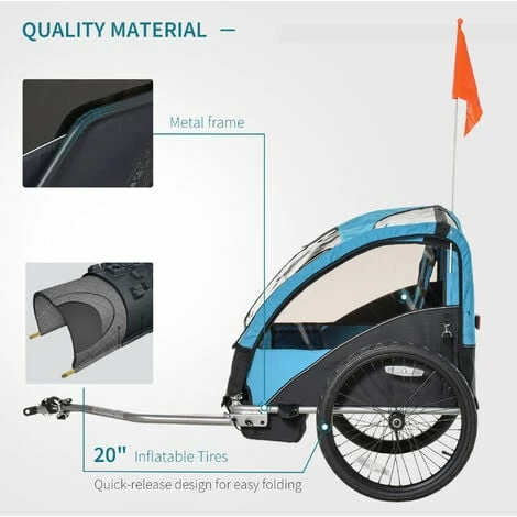 HOMCOM Child Bicycle Trailer 2-Seat Foldable Baby Carrier with Storage Bag