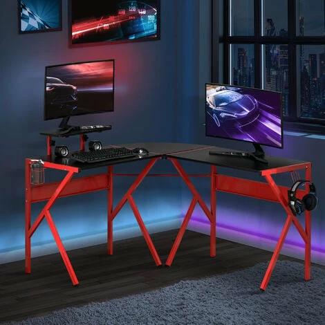 HOMCOM Corner Gaming Desk w/ Adjustable Monitor Stand Cup Holder Headphone Hook