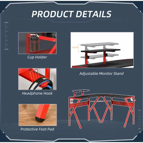 HOMCOM Corner Gaming Desk w/ Adjustable Monitor Stand Cup Holder Headphone Hook