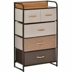 HOMCOM Closet Dresser, Dresser Tower With 5 Linen Fabric Drawers Steel Frame