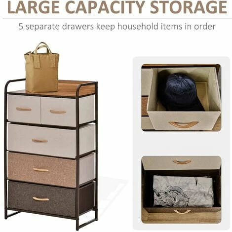 HOMCOM Closet Dresser, Dresser Tower With 5 Linen Fabric Drawers Steel Frame