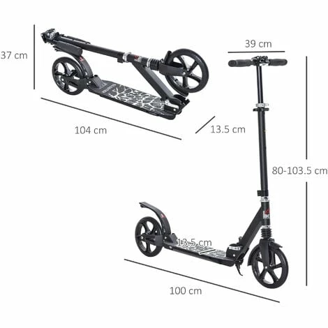 HOMCOM Foldable Adjustable Kick Scooter w/ Rear Brake, Shock Absorption for 14+