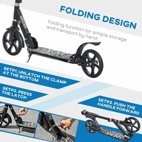 HOMCOM Foldable Adjustable Kick Scooter w/ Rear Brake, Shock Absorption for 14+