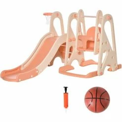 HOMCOM 3 In 1 Kids Slide And Swing Set Activity Center With Basketball Hoop Pink