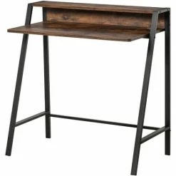 HOMCOM 2-Tier Storage Computer Workstation With Metal Frame Rustic Brown