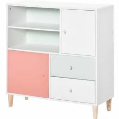 HOMCOM Kids Bookcase Multi-Shelf Modern Freestanding Cabinet Of Drawer Pink