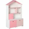 HOMCOM Kids Bookshelf Chest Drawer With Wheels Baby Toy Wood Organizer Pink