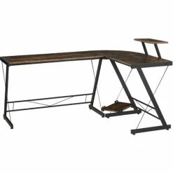 HOMCOM Industrial L Shaped Desk Round Corner Workstation For Home Office