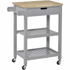 HOMCOM Kitchen Trolley Utility Cart On Wheels With Rubberwood Worktop Towel Rack
