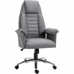 HOMCOM Office Chair Home Linen-Feel Fabric With Wheels, Double-Tier Armrest