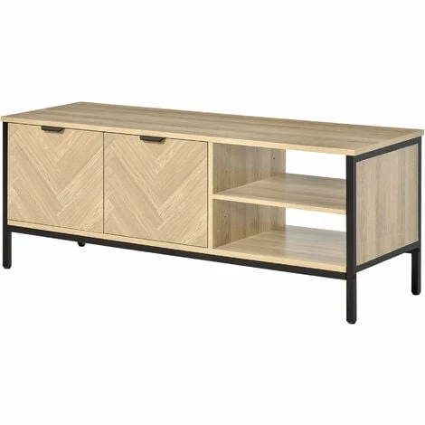 HOMCOM Double Door TV Cabinet Stand with Adjustable Storage Shelves, Natural