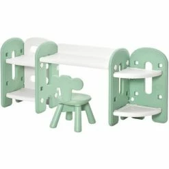 HOMCOM Kids Table And Chair Set Play Table With Storage Children Toddler Playroom Bedroom Furniture PE Green And White For 1-4 Years