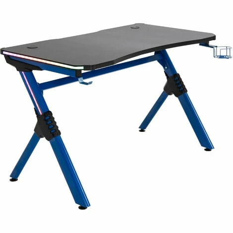 HOMCOM LED Game Office Desk Computer with Cup Holder 2 Cable Management, Blue