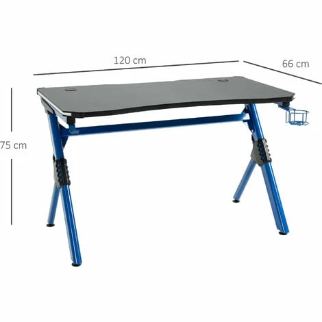 HOMCOM LED Game Office Desk Computer with Cup Holder 2 Cable Management, Blue