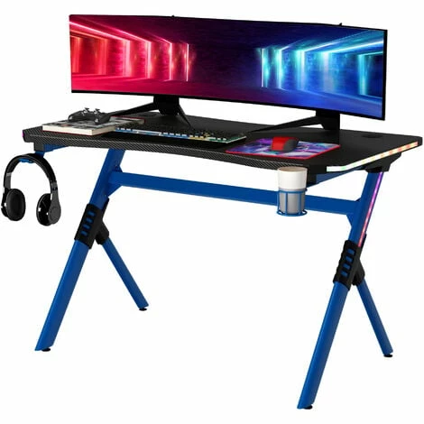 HOMCOM LED Game Office Desk Computer with Cup Holder 2 Cable Management, Blue