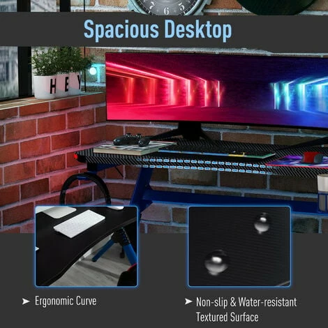 HOMCOM LED Game Office Desk Computer with Cup Holder 2 Cable Management, Blue