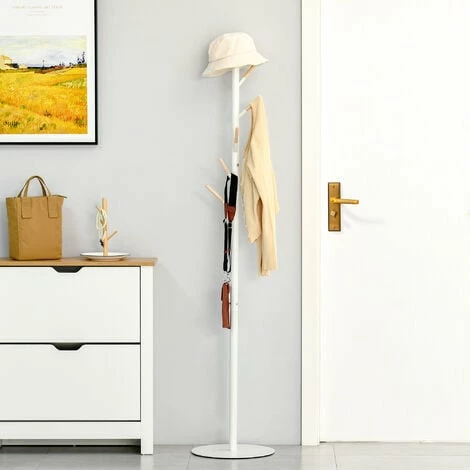 HOMCOM 174cm Free Standing Coat Rack Hat Stand Garment Holder Hall Tree White