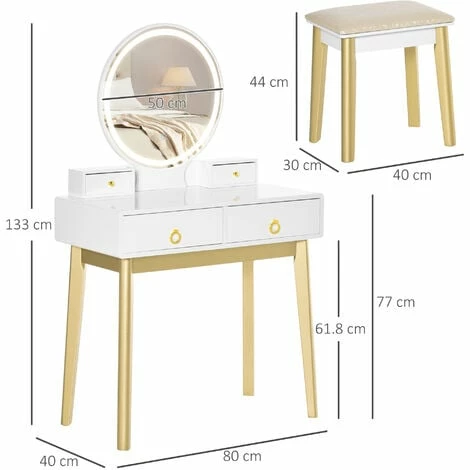 HOMCOM Dressing Table Set With LED Mirror, Stool & 4 Drawers Makeup Desk White