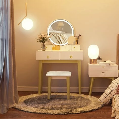 HOMCOM Dressing Table Set With LED Mirror, Stool & 4 Drawers Makeup Desk White